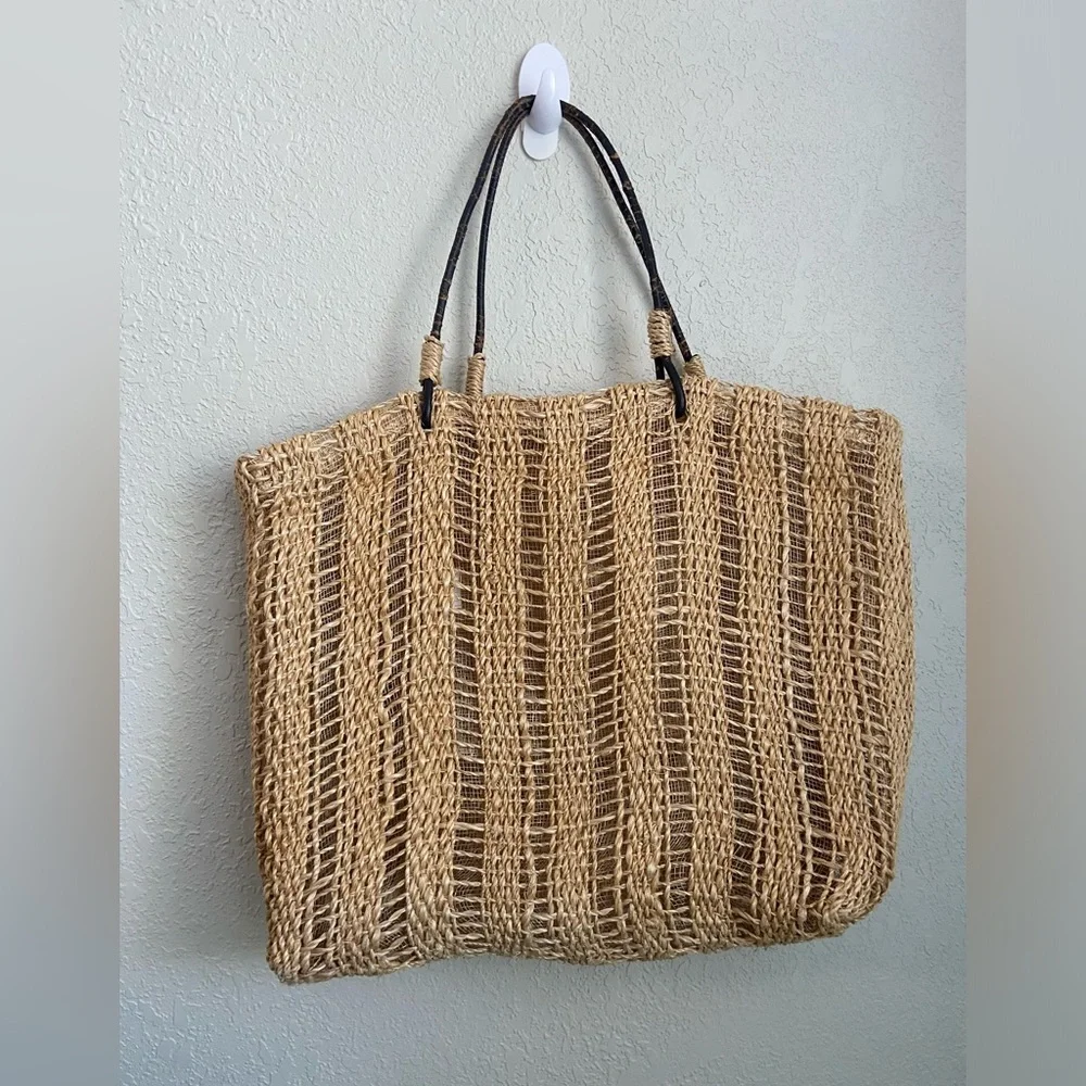Summer Abaca Straw Medium Tote Bag Leather  Handles Made in Philippines - Picture 8 of 10